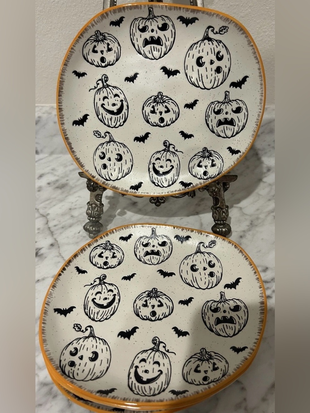 x4 Eli + Ana Ceramic Jack o Lantern Pumpkin and Bat Halloween Salad Plate Set